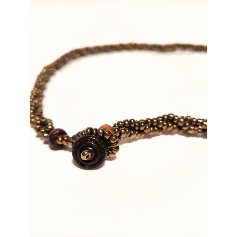 Mother of Pearl Floral Engraved Round Pendant Necklace Brown Seed Bead Boho